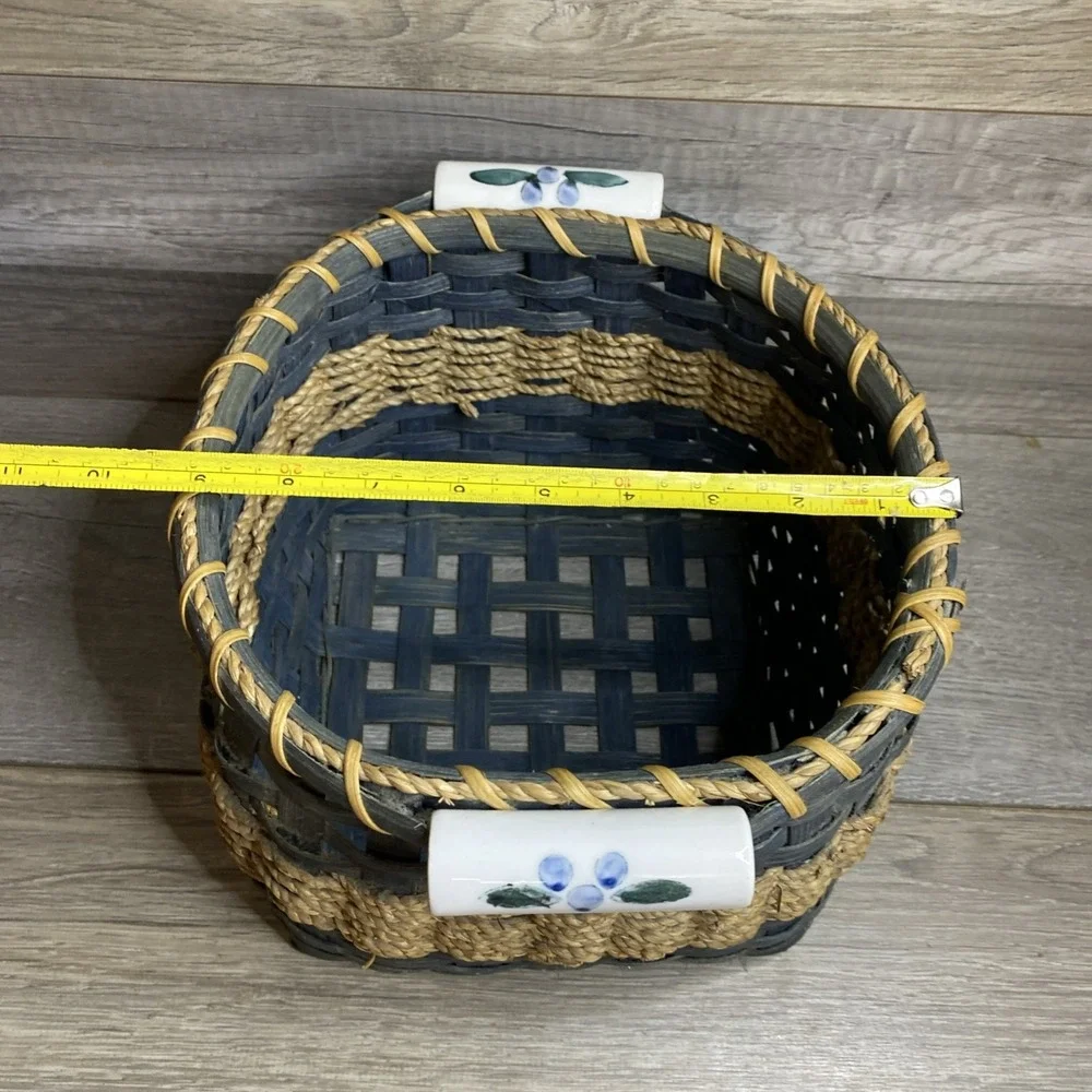 Vintage Bamboo Woven Basket Blue With Porcelain Handle